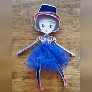 Charming Fashionista Doll Pendant Broche Pin with Blue Tulle Skirt